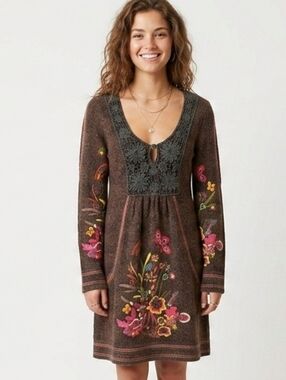 Boho Dress Embroidered Front Heather Brown Knit Floral Dress Size Small @B5